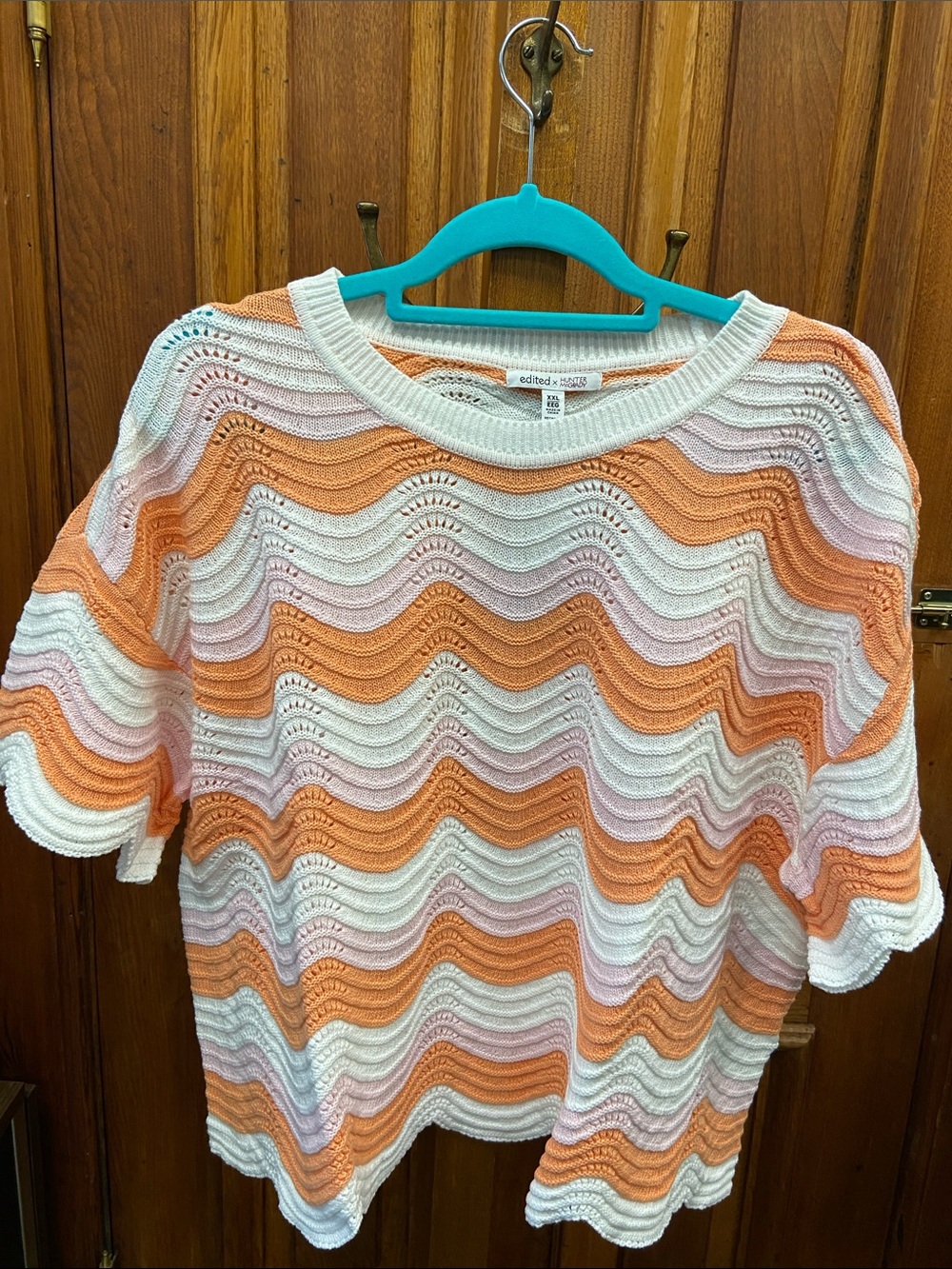 Edited & Co. Crochet Wave Knit Top in Peach, Pink & White